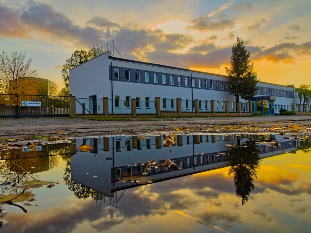 SpaceForest's new headquarters on the sunset background.