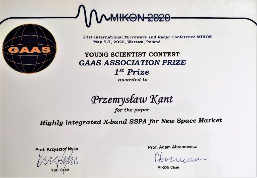 Young scientist contest Gaas Association 1st Prize for SpaceForest's emploee Przemysław Kant at MIKON 2020.