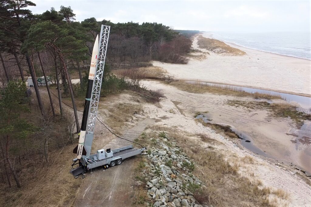 Perun rocket on the launcher with the sea in the background.