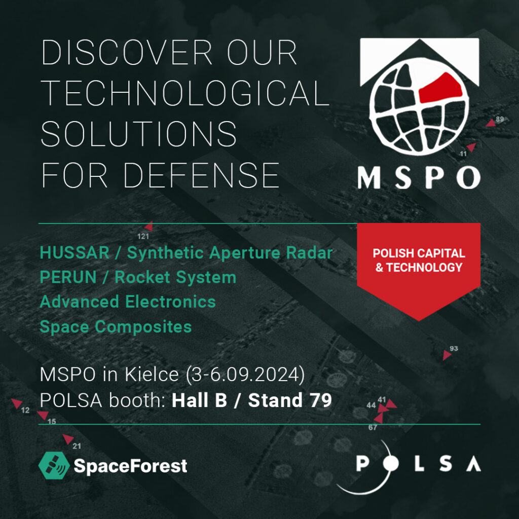 SpaceForest at MSPO 2024: A banner showcasing SpaceForest’s participation in the International Defence Industry Exhibition, featuring highlights such as the Perun Rocket System and HUSSAR Portable Radar