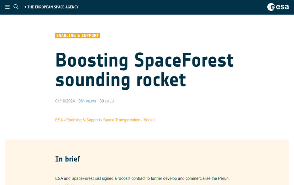 Screenshot of an article from the European Space Agency's website featuring information about the PERUN rocket and its capabilities.