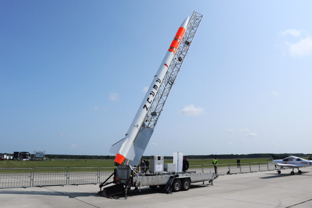 Perun rocket system displayed at the airport, showcasing its design for commercial suborbital flight services.