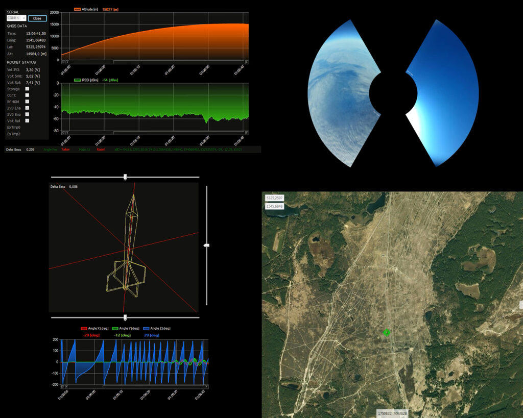 Rocket Control System Interface displaying real-time command inputs and flight data for monitoring rocket performance.