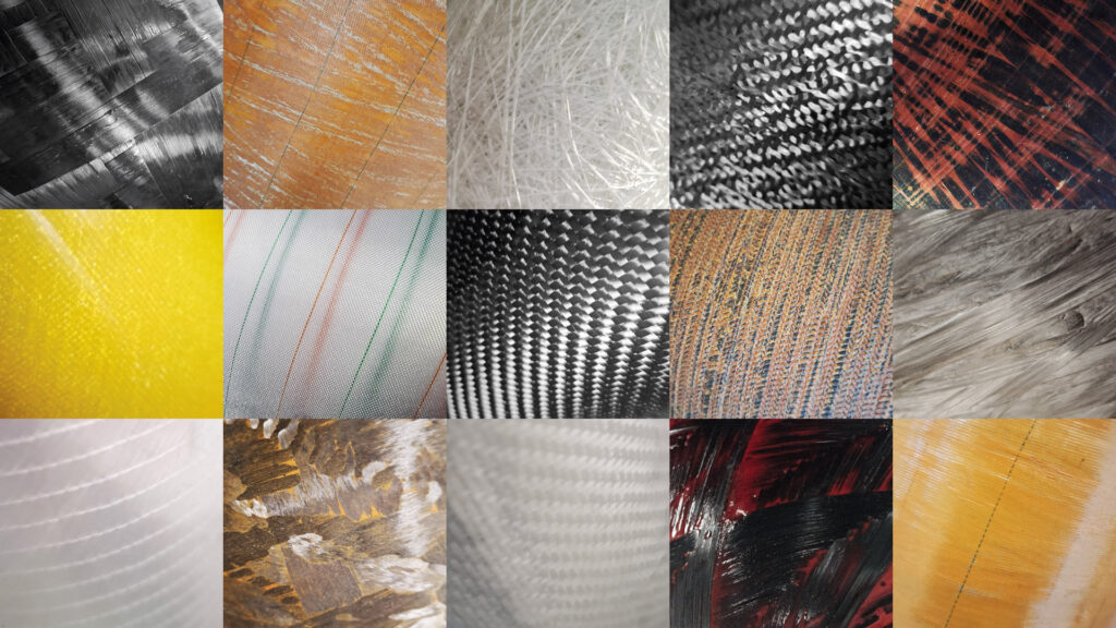 A display of different composite materials, including fiber-reinforced, laminated, and particulate composites, showcasing their unique properties and structures.