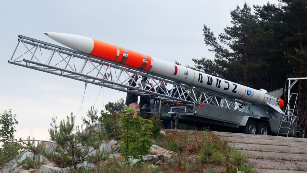 Perun rocket by SpaceForest standing on the launch pad moments before liftoff, ready for its mission