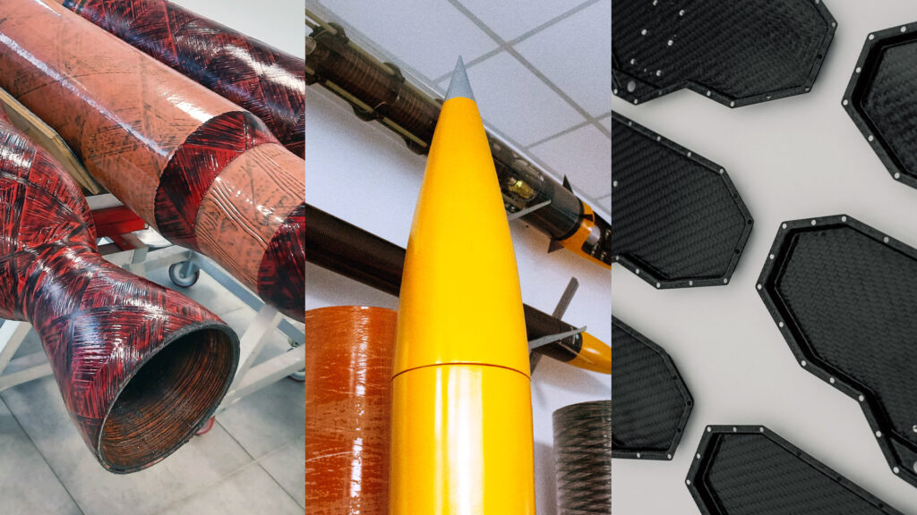 Various examples of composite products manufactured by SpaceForest, including composite tubes, rocket nozzles, electronic enclosures, percussion instrument shells, and specialized ablative materials. These products demonstrate the use of advanced technologies like resin infusion, vacuum bagging, RTM, and filament winding, showcasing their exceptional mechanical and thermal properties.