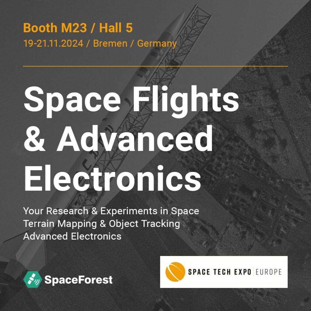 paceForest booth at Space Tech Expo Europe 2024 in Bremen, showcasing PERUN rocket, SAR radar technology, and advanced electronics.