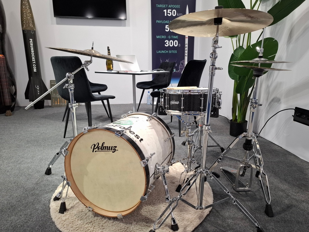 Polmuz drum set made from composite shells derived from the PERUN rocket on display at Composite Poland 2025.