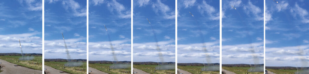 A series of images demonstrating the operation of thrust vector control in the VIRA supersonic rocket, showcasing precise in-flight maneuvering.