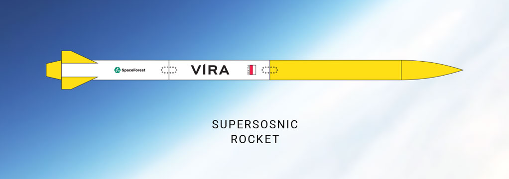 Technical drawing of the VIRA supersonic rocket, showcasing its dimensions, structural details, and design elements.