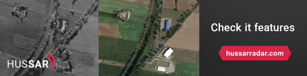 Banner showing mobile HUSSAR SAR radar – comparison of radar imaging and Google Maps view of railway tracks and roads. Visit and chceck radar features at hussarradar.com.