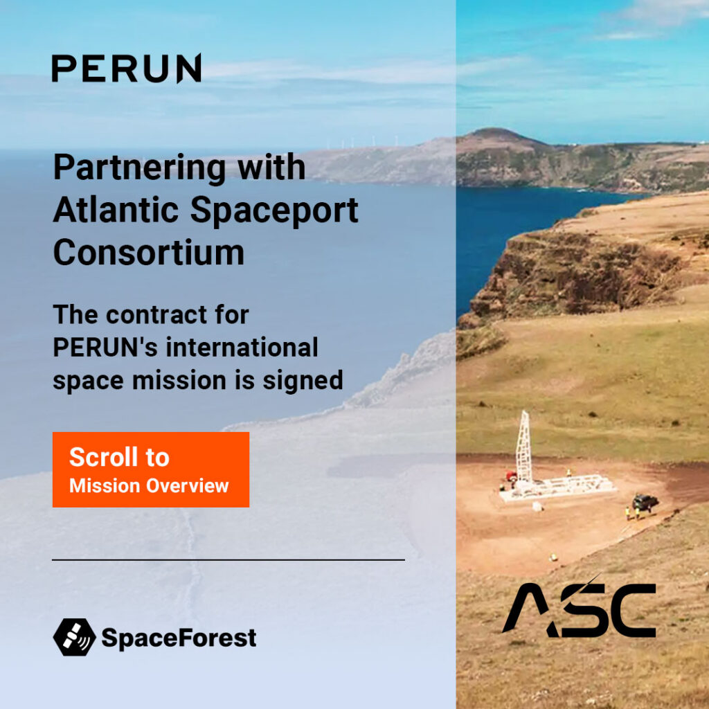 Banner promoting the PERUN rocket space mission launching from the Atlantic Spaceport Consortium on the Azores Islands.