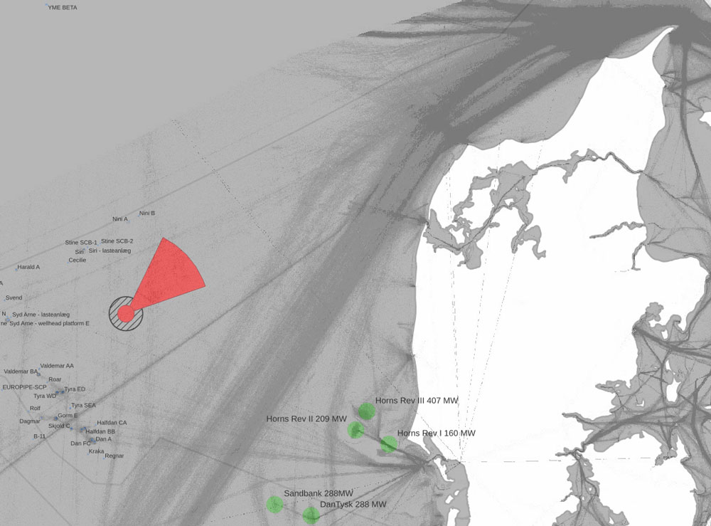 Map showing the location of EuroSpaceport — a sea launch platform in the North Sea off the coast of Denmark.