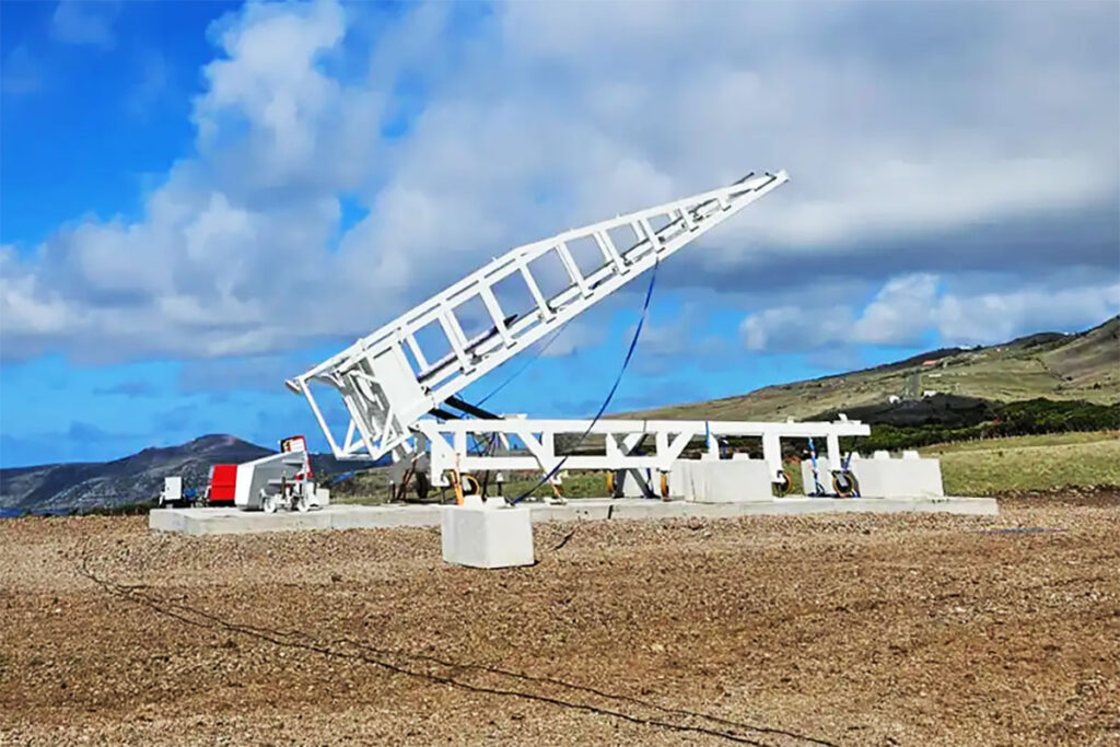 Close-up view of the rocket launch pad at the Atlantic Spaceport Consortium on Santa Maria Island, Azores.