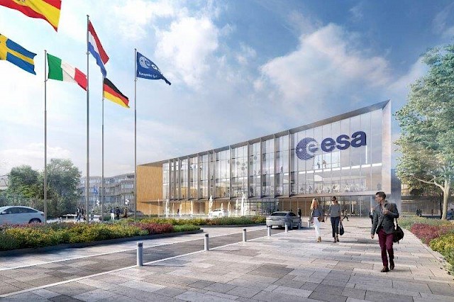 Aerial view of the ESA ESTEC campus, showcasing modern architecture and green spaces, the European Space Agency's main technology and research center.