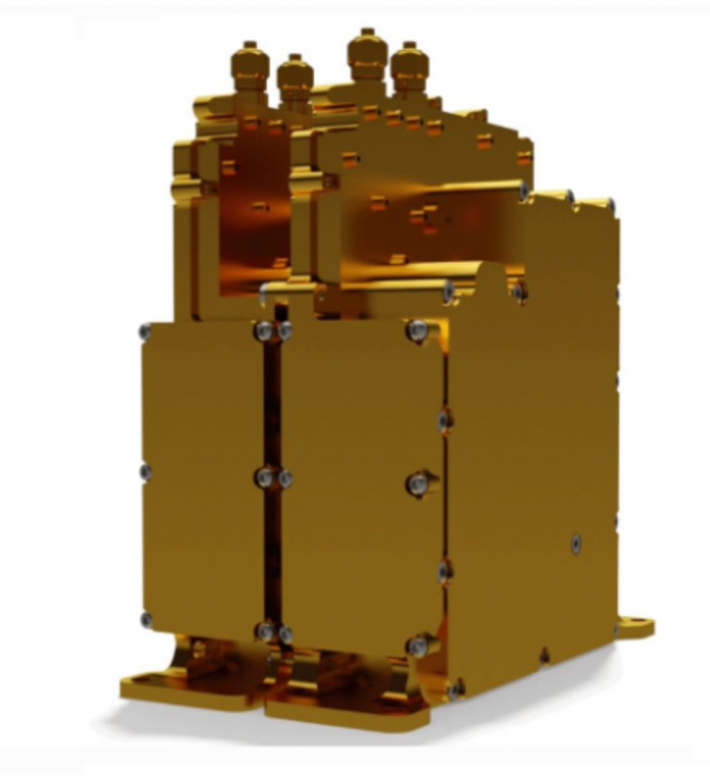 3D visualization of the Master Local Oscillator (MLO) developed by SpaceForest, shown as a compact, modular RF device with precision components.