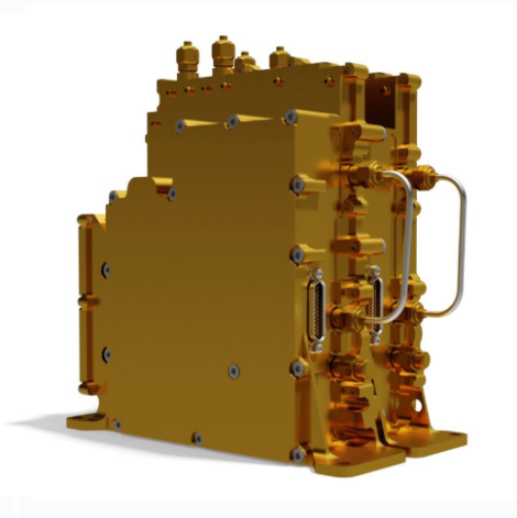 3D rendering of the Master Local Oscillator (MLO) device, showcasing its compact design and advanced engineering.